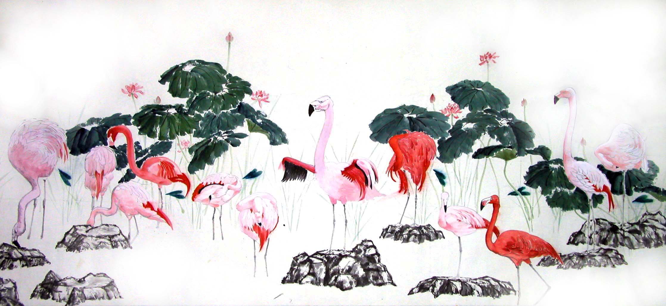Flamingoes and Lotus